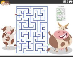 labyrinthspiel mit karikaturmutterkuh und kleinem kalb vektor