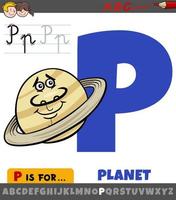buchstabe p aus dem alphabet mit karikaturplanetencharakter vektor