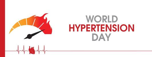 World hypertension day bannerdesign med hög mätare, hjärtpuls och text på vit bakgrund, 17 maj. hypertoni koncept. vektor illustration.