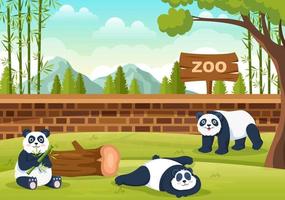 zookarikaturillustration mit safaritieren panda, käfig und besuchern auf territorium auf waldhintergrunddesign