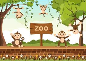 zookarikaturillustration mit safaritieren affe, käfig und besuchern auf territorium auf waldhintergrunddesign