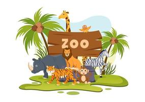 zoo tecknad illustration med safaridjur elefant, giraff, lejon, apa, panda, zebra och besökare på territorium på skogsbakgrund vektor