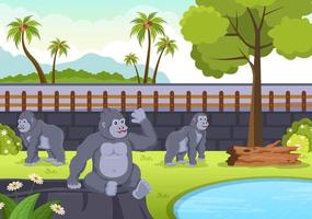 zookarikaturillustration mit safaritieren gorilla, käfig und besuchern auf territorium auf waldhintergrunddesign