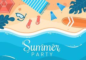 sommarfest tecknad bakgrundsillustration med tropiska växter, utrustning på stranden för affisch eller gratulationskort design vektor