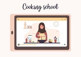 Kochschule. kulinarische Online-Meisterklasse. Arabisches Mädchen im Hijab, das hausgemachte Mahlzeiten zum Mittag- oder Abendessen zubereitet. der Koch lehrt zu kochen. Lernen zu Hause. flache Cartoon-Vektor-Illustration.