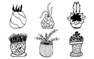 handritad uppsättning med söta doodle kontorsväxter i dekorerade blomkrukor. vektor