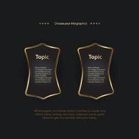 Design mit 2 goldenen Knöpfen auf dunklem Hintergrund, Knöpfe eines modernen goldenen Elements, die für Infografik-Optionsvektoren für Finanzen und Unternehmen verwendet werden, Illustrationsvorlagen vektor