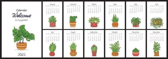 Kalender 2023 mit Zimmerpflanzen in Töpfen mit Monaten auf separaten Blättern, wo die Woche am Sonntag beginnt.