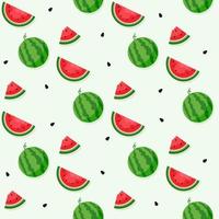 wassermelonenhintergrund und nahtloses muster, flaches design von grünen blättern und blumen- und wassermelonensaftillustration, frisches und saftiges fruchtkonzept der sommernahrung. vektor