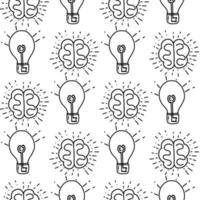 Nahtloses Muster mit einer Illustration einer Lampe und eines Gehirns als Symbol einer guten Idee im Doodle-Stil. vektor