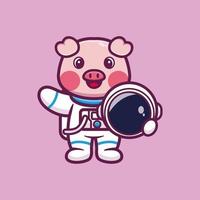 süßes astronautenschwein, das helmkarikatur-vektorillustration hält vektor