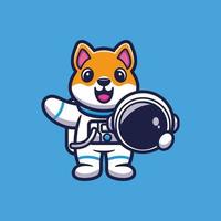 söt astronaut shiba inu hund håller hjälm tecknad vektorillustration vektor