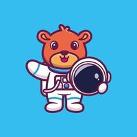 süßer astronauten-teddybär, der helmkarikatur-vektorillustration hält vektor