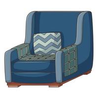 en blå fåtölj med en filt och en kudde. en inredningsartikel. hemmöbler. designelement med kontur. doodle, handritad. platt design. färg vektor illustration. isolerad på en vit bakgrund.