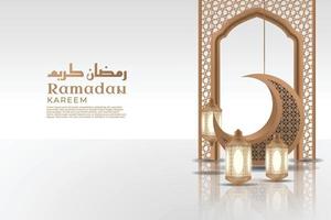 realistischer ramadan kareem hintergrund mit mond- und laternenverzierung in der obersten islamischen rahmenprämie vektor