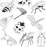 Biene, Fliege, Marienkäfer, Mücke, Schmetterlingsnetz, Schnecke, Heuschrecke, Mottenset-Symbol. handgezeichnete Doodle-Stil-Minimalismus-Monochrom-Insekten-Sammlung vektor