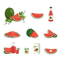 Reihe von roten und grünen Wassermelonen-Symbolen. gestreifte Frucht mit Samen, Blättern und Blüten. Saft in Flasche, Packung, Krug und Glas, Samen zum Pflanzen und Ernten. süßes Essen für die Ernährung. flache vektorillustration vektor