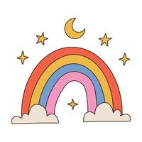 Regenbogen mit Wolken, Sternen und Mond. Vektor-Illustration. Cartoon-Doodle-Stil isoliert auf weißem Hintergrund. Perfekt für Kinder, Poster, Drucke, Karten, Stoffe, Kinderbücher. vektor