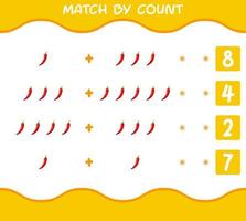 Übereinstimmung durch Zählung der roten Chilischoten der Karikatur. Match-and-Count-Spiel. Lernspiel für Kinder und Kleinkinder im Vorschulalter vektor