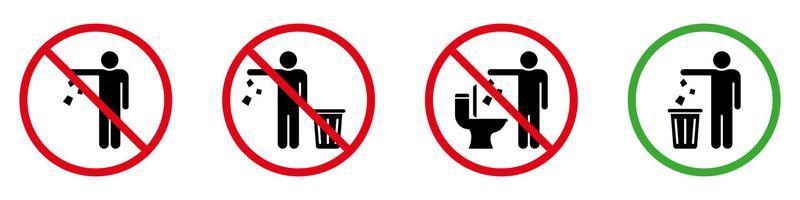 Halten Sie das Silhouette-Zeichen sauber. erlaubt werfen müll, abfall, müll in bin symbol. Werfen Sie keinen Müll in das Toilettensymbol. warnung bitte werfen sie müll in den aufkleber. isolierte Vektorillustration.
