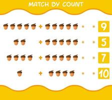 Übereinstimmung durch Anzahl der Cartoon-Eichel. Match-and-Count-Spiel. Lernspiel für Kinder und Kleinkinder im Vorschulalter vektor