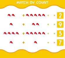 Übereinstimmung durch Zählung der Cartoon-Weihnachtsmütze. Match-and-Count-Spiel. Lernspiel für Kinder und Kleinkinder im Vorschulalter vektor