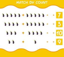 Übereinstimmung durch Anzahl von Cartoon-Auberginen. Match-and-Count-Spiel. Lernspiel für Kinder und Kleinkinder im Vorschulalter vektor