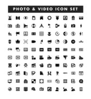 Sammlung von 100 schwarzen soliden Foto- und Video-Vektorsymbolen