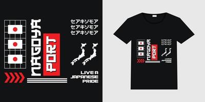 kreativ vektordesign om Nagoyas hamn med kartan och Japans flagga på svart bakgrund. japansk urban street wear t-shirt design med svart t-shirt mockup illustration. vektor