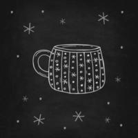 Tasse Tee oder Kaffee mit Schneeflocken auf einer schwarzen Kreidetafel. Vektorillustration im Doodle-Stil. Winterstimmung. hallo 2023. frohe weihnachten und ein gutes neues jahr. vektor