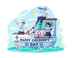 Kinder in Matrosenkostümen segeln mit einem Segelboot über das Meer. fröhliche kindertagsfeier. flache Vektorillustration vektor