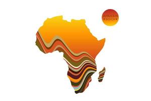 afrika gemusterte karte mit ethnischer sonnenuntergangslandschaft. Logobanner, traditionelle afrikanische Stammesfarben, Streifenmusterelemente, Konzeptdesign. Vektor ethnischer afrikanischer Kontinent isoliert auf weißem Hintergrund
