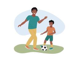 far och son spelar fotboll tillsammans. afrikansk amerikansk pappa, pojke och fotboll på gräs. familjens sommar utomhusaktiviteter. fars dag. platt vektorillustration vektor