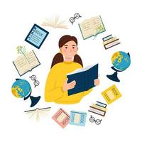 Mädchen mit einem Buch in ihren Händen. Globus, Bücher, Notizbücher, Brillen, Tablet rund um das Mädchen. Schul-und Berufsbildung. Vektor-Illustration