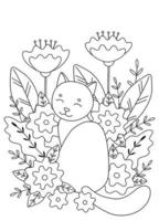 söt målarbok med katt i blommor. enkla former, kontur för barn och vuxna. vektor illustration med redigerbar linje.