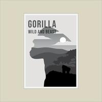 gorilla wild lebende tiere im freien minimalistisches plakat doppelbelichtung illustration vorlage grafikdesign vektor