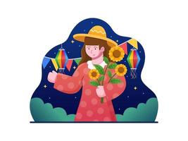 vektor illustration kvinna som håller en solros och glad att fira festa junina karneval. kan användas för gratulationskort, vykort, webb, animation, tryck etc