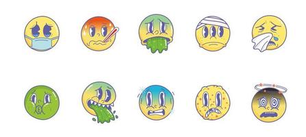 sjuka emoji. vintage 30-talet 40-talet 50-talet tecknade och komiska ansiktsuttryck emoji. uttrycksfulla ögon och mun, sjuk nysning feber spy frossa karaktär ansiktsuttryck vektoruppsättning premium vektor