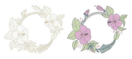 Blumenrahmen mit kreisförmigem Rand. tropische Blumen. Magenta Hibiskusblüte