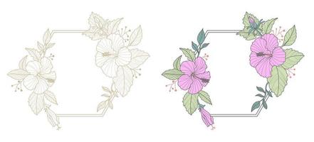 Blumenrahmen mit sechseckigem Rand. tropische Blumen. Magenta Hibiskusblüte vektor