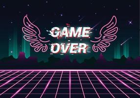 Retro-Neon mit Bergdekorationen und Gameover-Schriftzug vektor