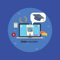 Online-Bildung mit Abschlusszeugnis und mit Abschlusskappe verziert vektor