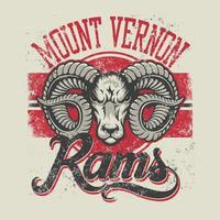 Mount Vernon Rams T-Shirt. Kann für T-Shirt-Druck, Tassendruck, Kissen, Modedruckdesign, Kinderbekleidung, Babyparty, Gruß und Postkarte verwendet werden. T-Shirt-Design vektor