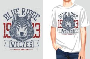 blue ridge 1913 wolves t-shirt.kan användas för t-shirttryck, muggtryck, kuddar, modetrycksdesign, barnkläder, babyshower, hälsningar och vykort. t-shirt design vektor