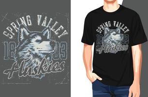 Spring Valley Huskies T-Shirt. Kann für T-Shirt-Druck, Tassendruck, Kissen, Modedruckdesign, Kinderbekleidung, Babyparty, Gruß und Postkarte verwendet werden. T-Shirt-Design vektor