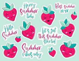 vektor uppsättning tecknade roliga klistermärken med jordgubbskaraktär och sommar bokstäver citat. bra för utskrifter, barnprodukter, plotter.