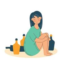 ung kvinna dricker ensam. alkoholmissbruk och depressionsproblem hos kvinnor. kvinna alkoholism socialt problem. vektor