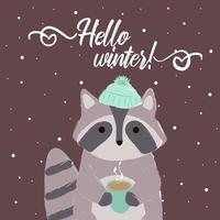 waschbärenkarte winter mit mütze hallo winter vektor