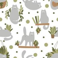 seamless mönster med fanny cats karaktär och växter. vektor karaktär söt kattunge. mysigt hem med växter och grå katt. tecknade djur bakgrund, vektor illustration
