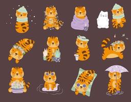 Satz von 12 niedlichen Cartoon-Vektor-Tigern lustiger Charakter für Chi vektor